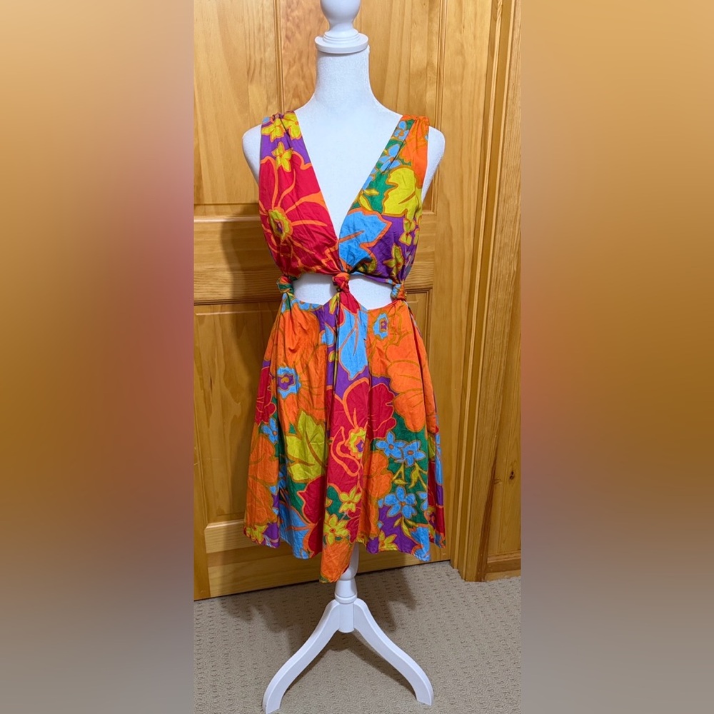Olivacious Tropical Paradise Floral Cutout Mini Dress, Size Small.